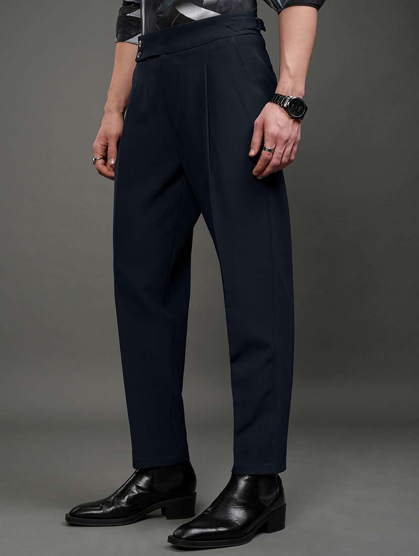 men navy blue polyester pleated casual trouser - 22462753 -  Standard Image - 1