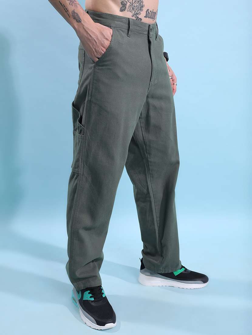 Men Olive Solids Casual Regular Fit Trousers - 22462773 -  Standard Image - 1
