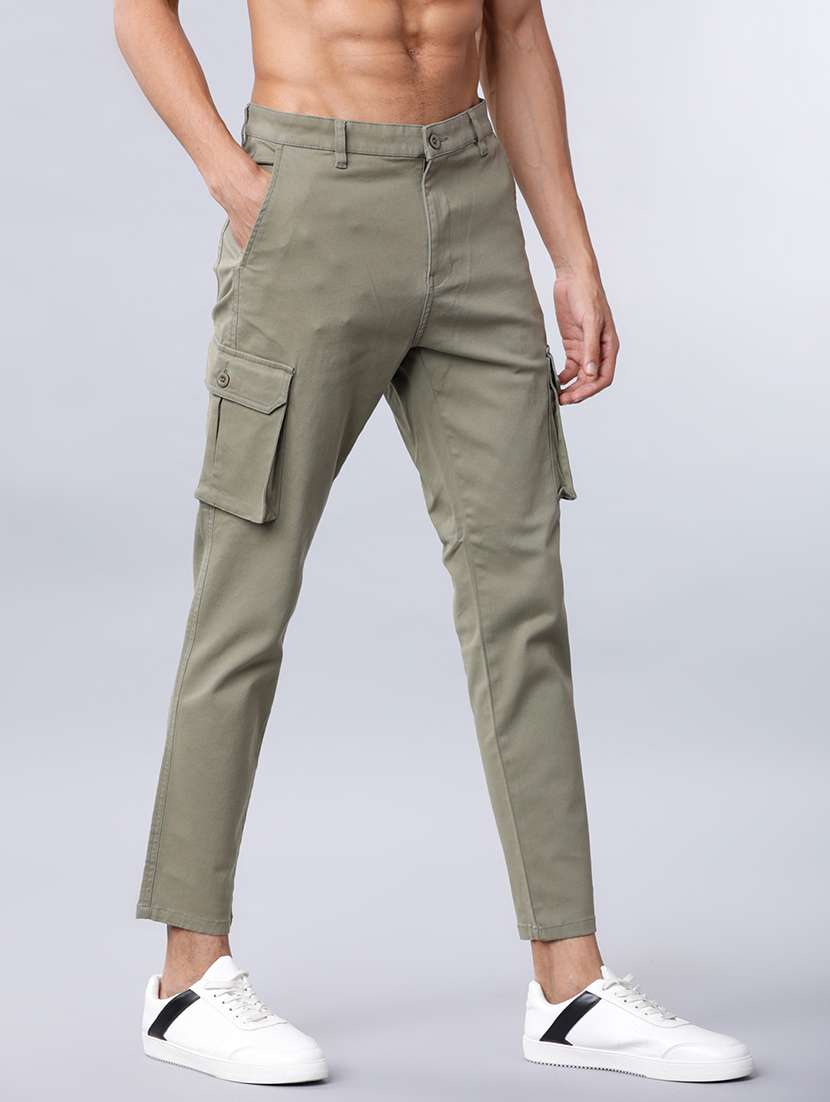men olive cotton blend regular fit cargos trousers - 22462785 -  Standard Image - 1