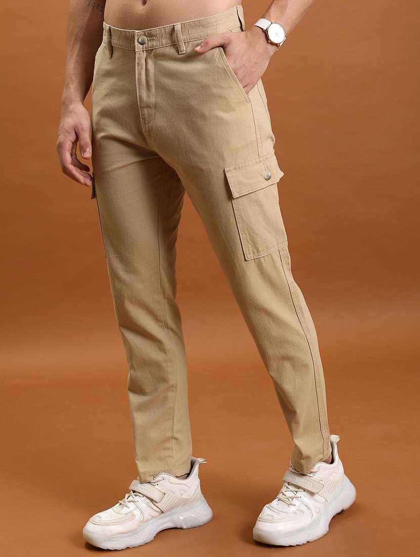 men beige cotton blend casual cargos trousers - 22462837 -  Standard Image - 1