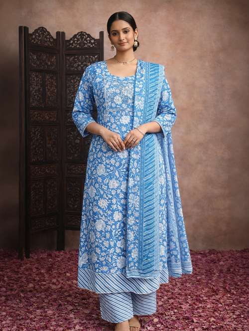 Women Blue Cotton Fit & Flare Ethnic Dress
