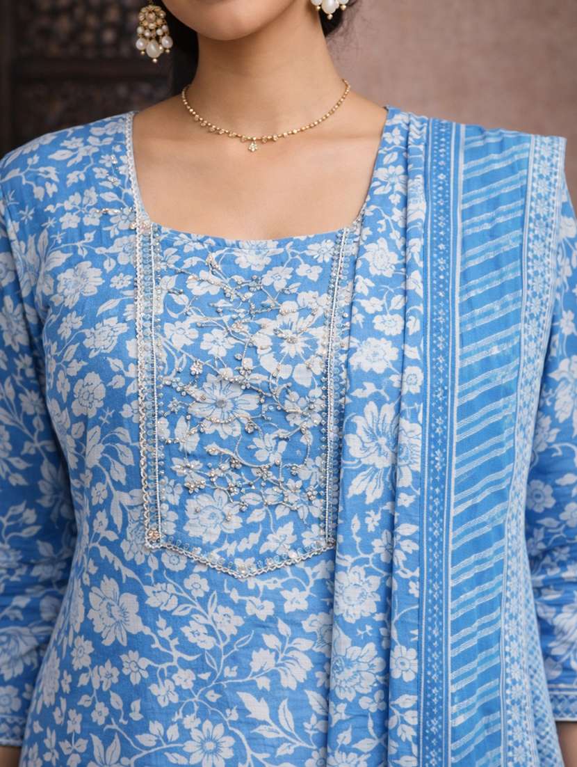 women blue cotton fit & flare ethnic dress - 22463123 -  Standard Image - 1