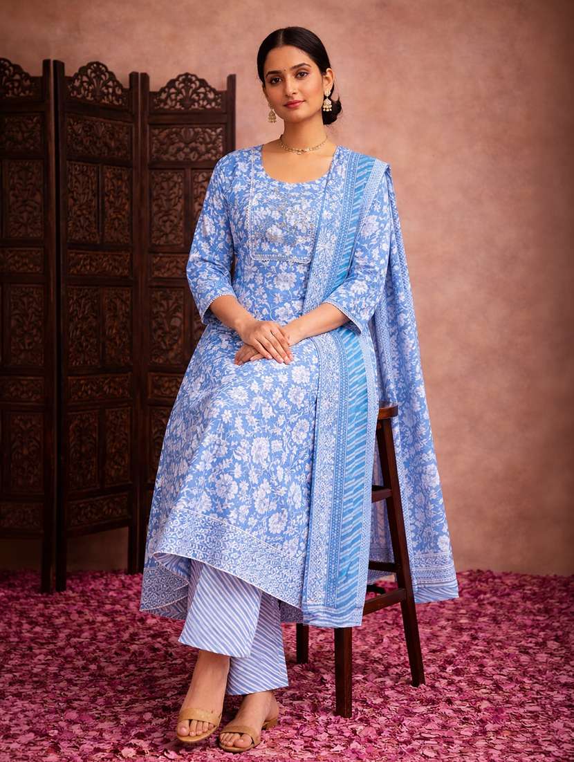 women blue cotton fit & flare ethnic dress - 22463123 -  Standard Image - 4