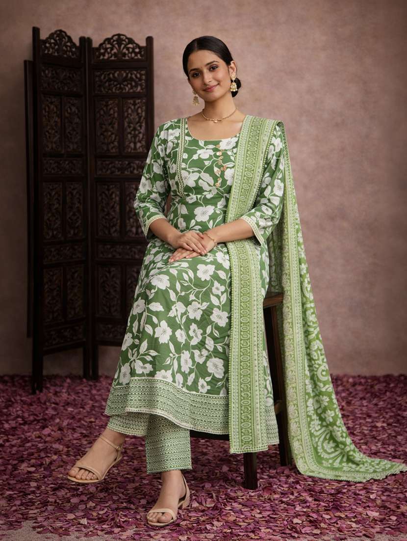 women olive cotton fit & flare ethnic dress - 22463127 -  Standard Image - 4