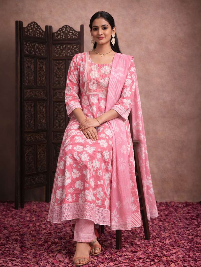 women pink cotton fit & flare ethnic dress - 22463128 -  Standard Image - 4