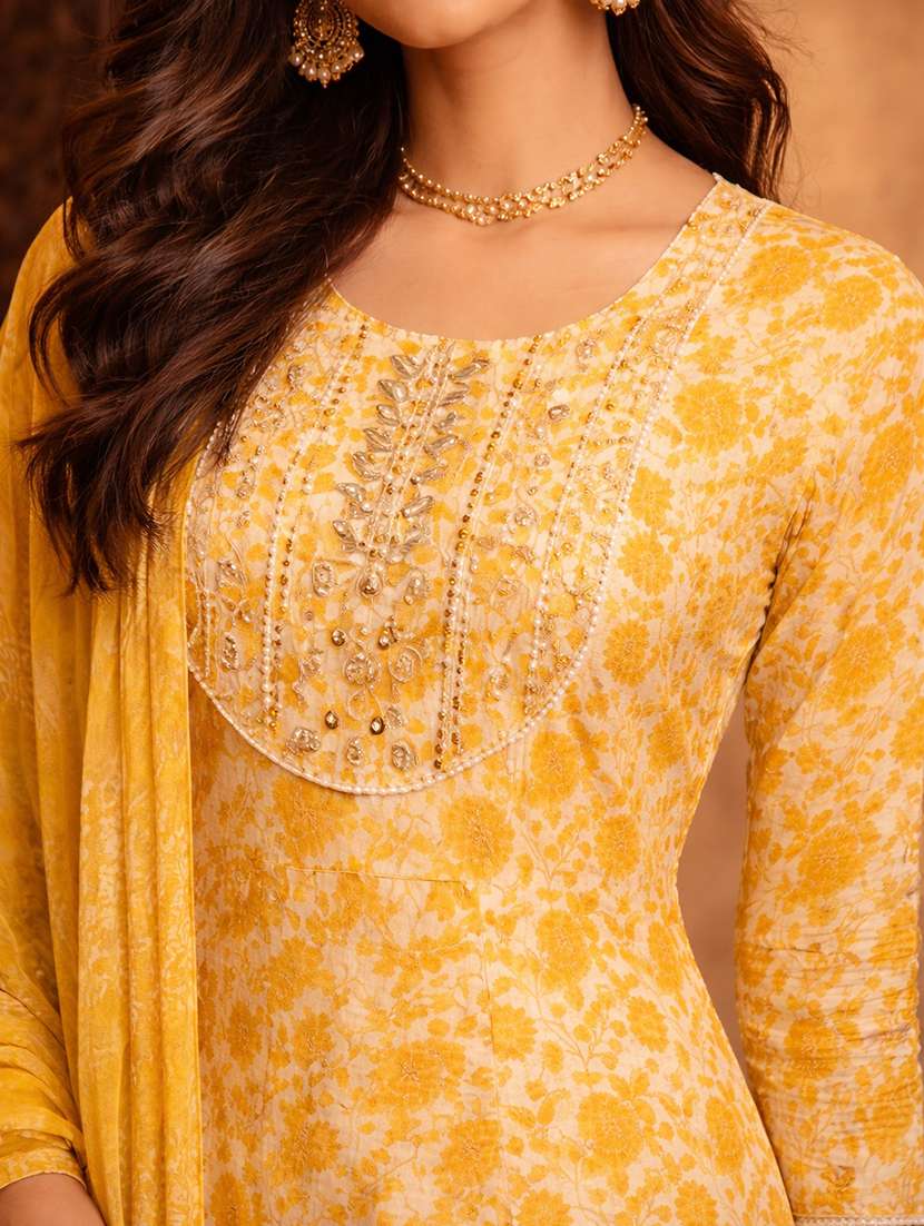 women yellow cotton fit & flare ethnic dress - 22463130 -  Standard Image - 1