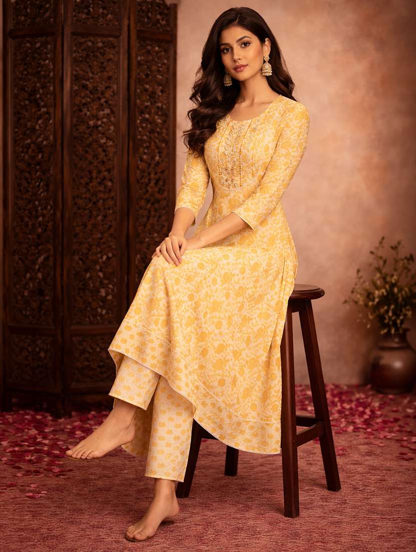 women yellow cotton fit & flare ethnic dress - 22463130 -  Standard Image - 4