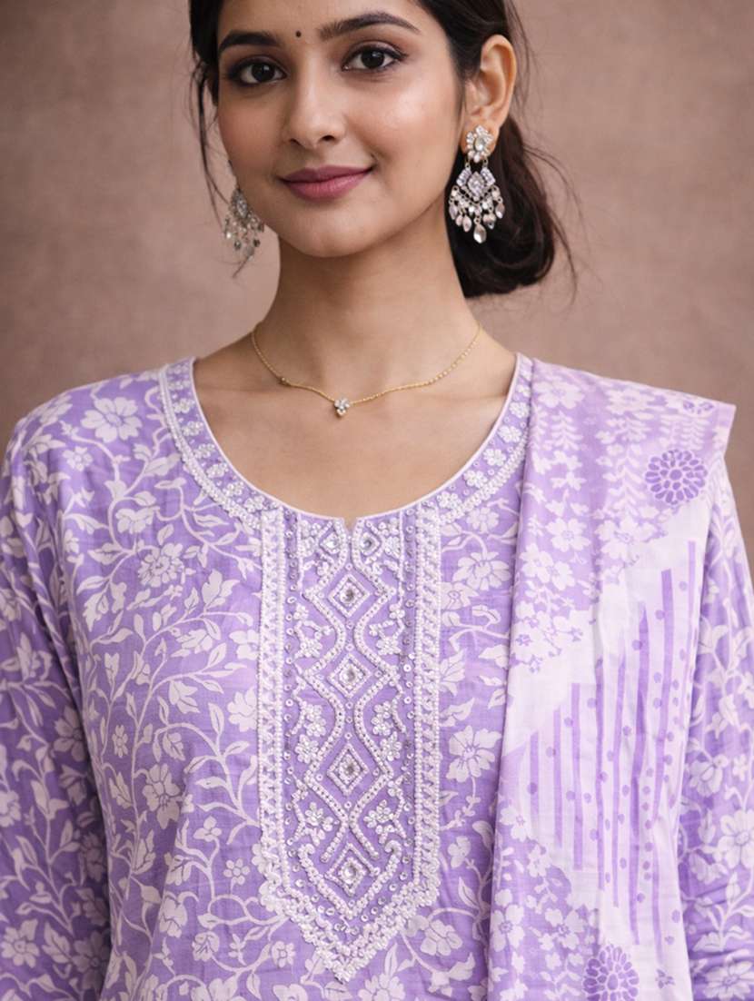 women lavender cotton straight ethnic dress - 22463139 -  Standard Image - 1