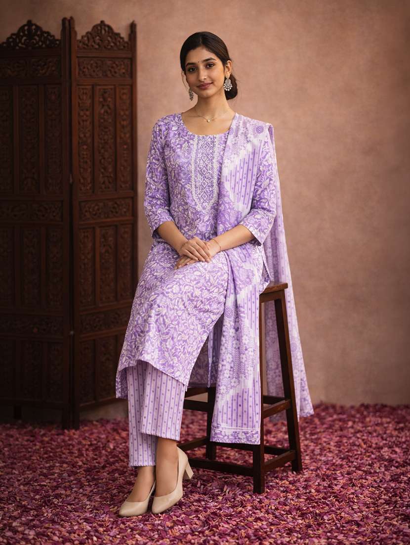 women lavender cotton straight ethnic dress - 22463139 -  Standard Image - 4