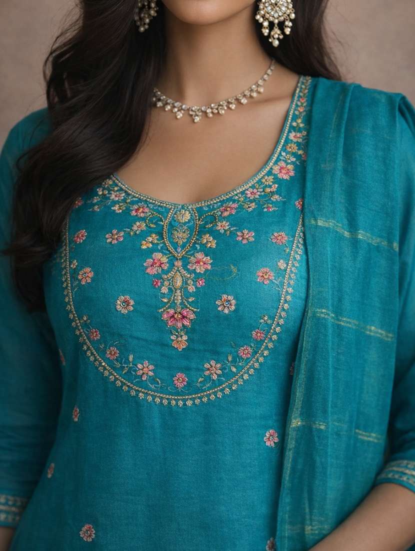 women teal cotton blend straight ethnic dress - 22463147 -  Standard Image - 1