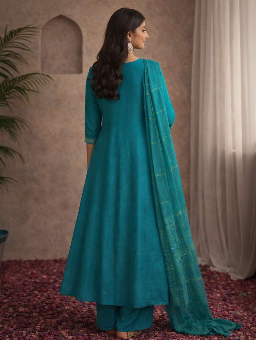 women teal cotton blend straight ethnic dress - 22463147 -  Standard Image - 4