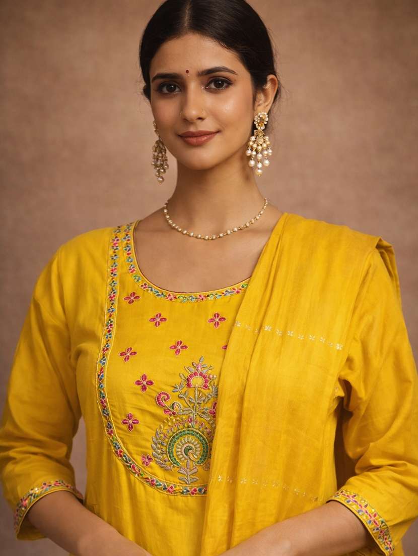women yellow cotton blend straight ethnic dress - 22463148 -  Standard Image - 1