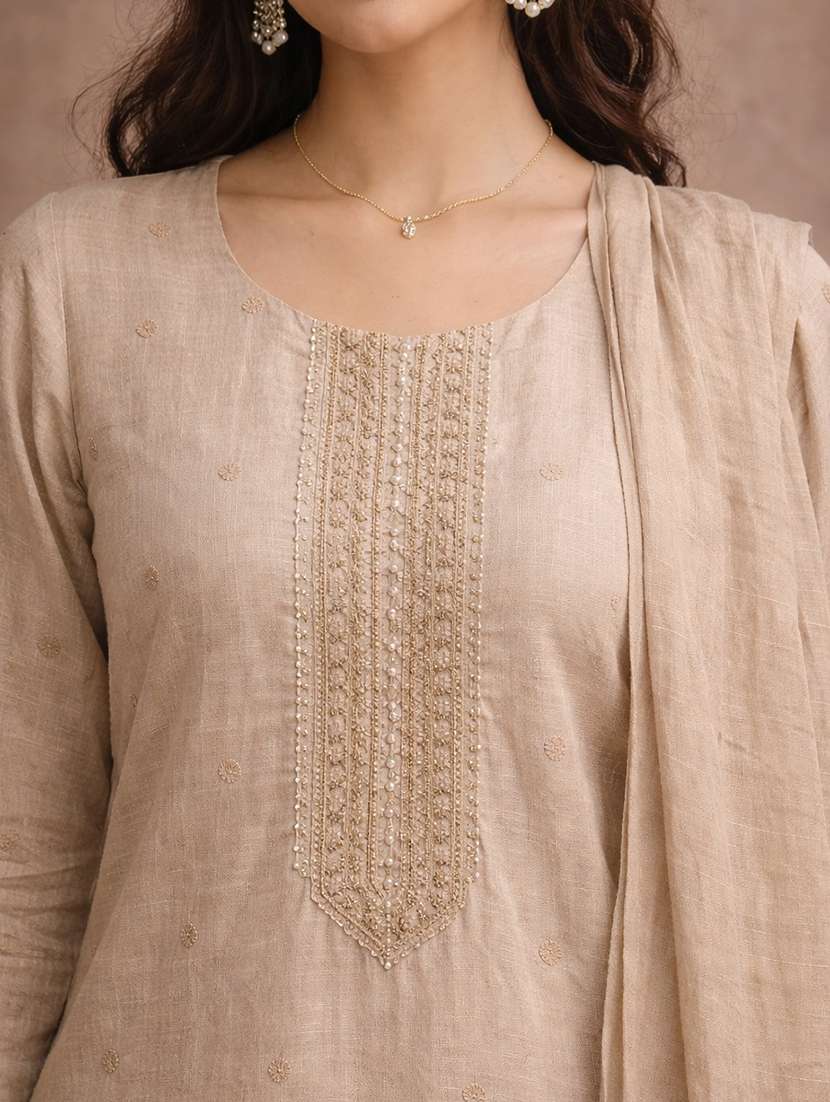 wome beige cotton blend straight ethnic dress - 22463151 -  Standard Image - 1