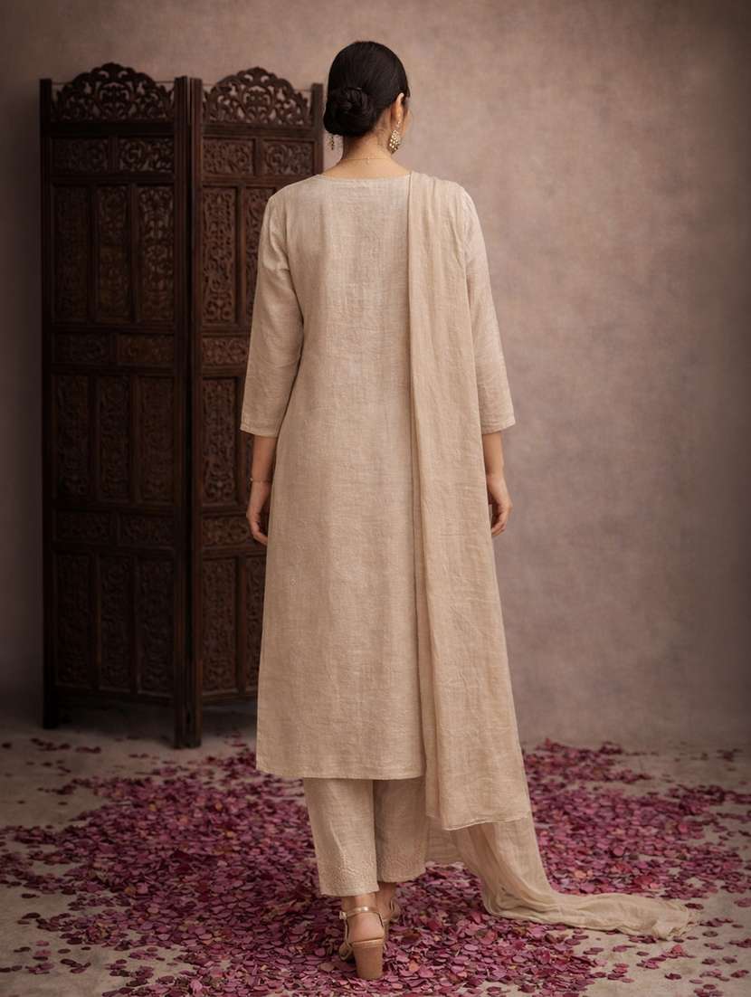 wome beige cotton blend straight ethnic dress - 22463151 -  Standard Image - 4