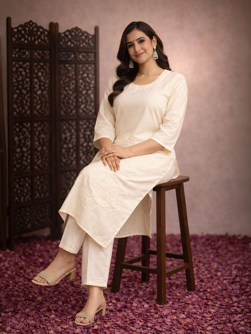women solid with work three quarter sleeve kurta pant set - 22463153 -  Standard Image - 4
