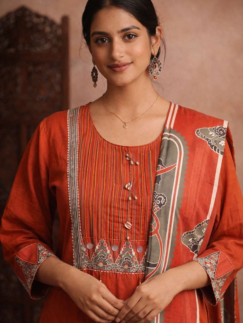 women floral rust cotton straight ethnic dress - 22463195 -  Standard Image - 1