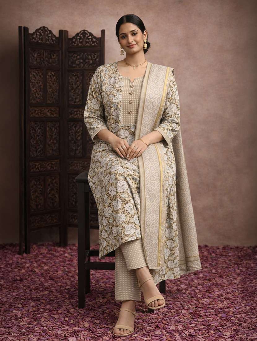 women green cotton straight ethnic dressbeige cotton straight ethnic dress - 22463199 -  Standard Image - 4