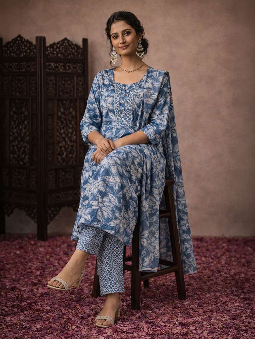 Women Printed Three Quarter Sleeve Kurta Pant With Dupatta Set - 22463200 -  Standard Image - 4