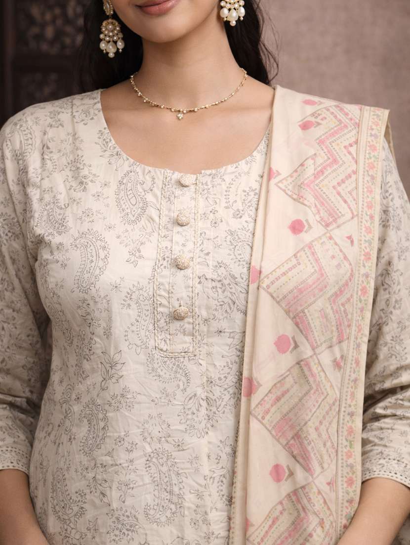 women cream cotton straight ethnic dress - 22463201 -  Standard Image - 1