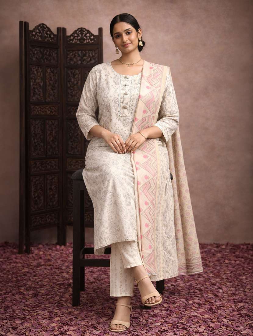 women cream cotton straight ethnic dress - 22463201 -  Standard Image - 4