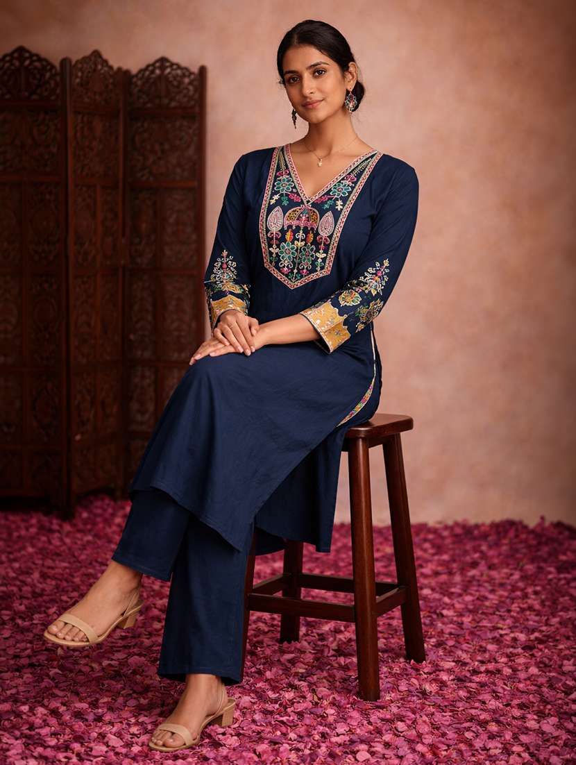 women teal cotton straight ethnic dress - 22463214 -  Standard Image - 4