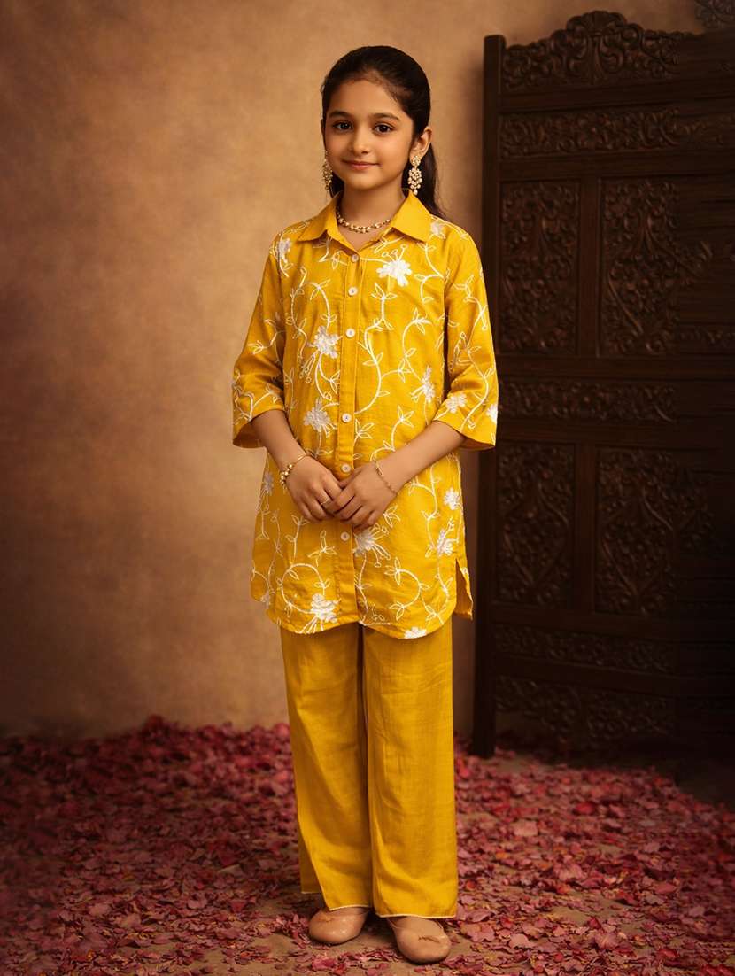 girl mustard cotton blend top & trouser co-ord set