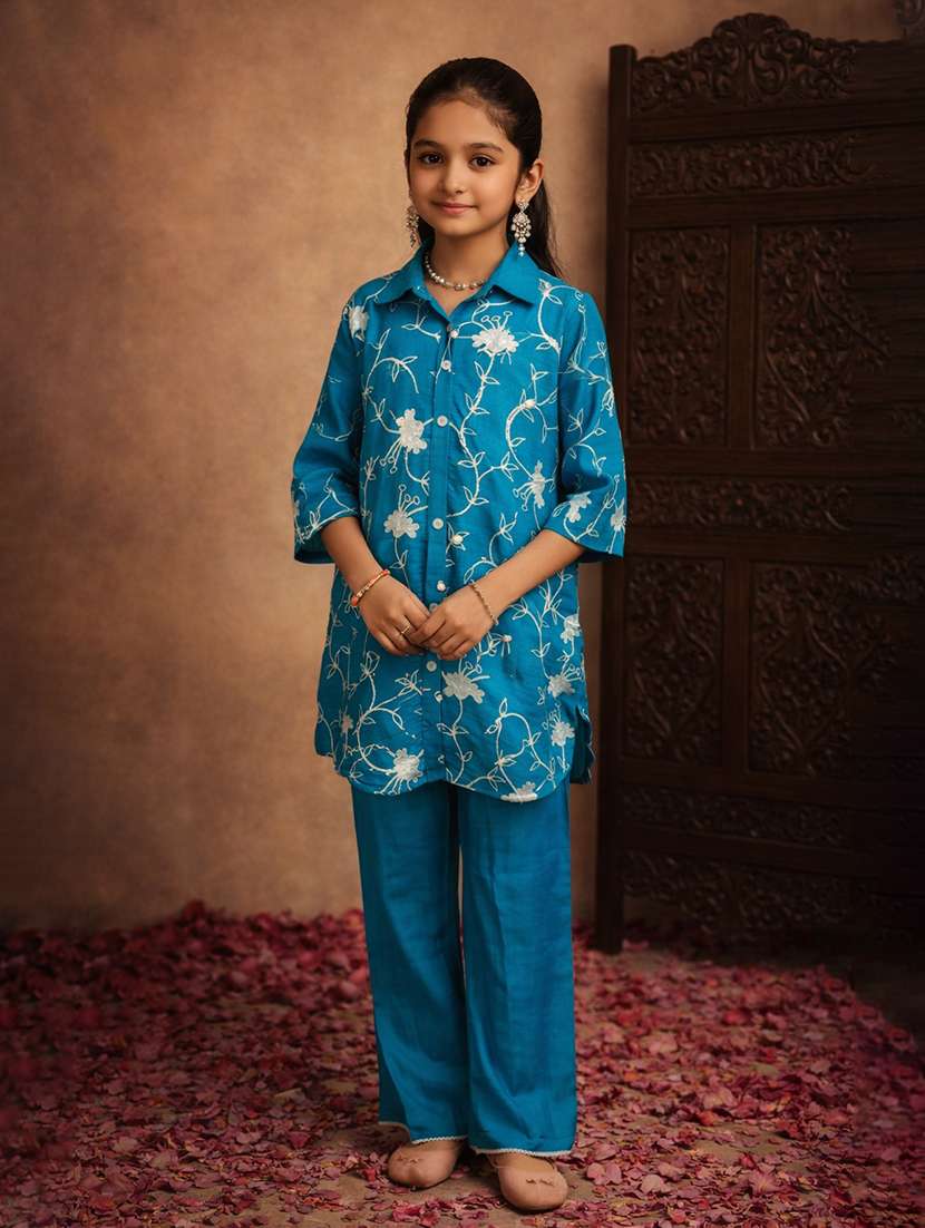 girls teal cotton blend top & trouser co-ord set