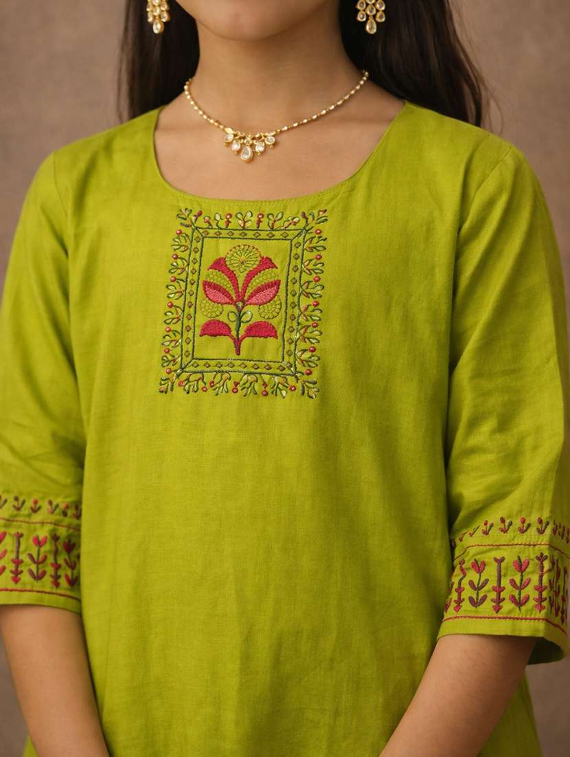 girls green rayon kurta pant set suit set - 22463266 -  Standard Image - 1