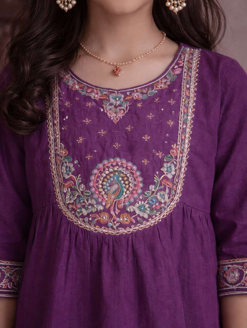 girl purple silk blend kurta pant set suit set - 22463267 -  Standard Image - 1