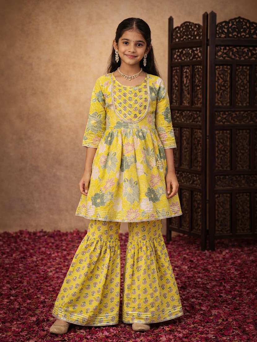 girls floral yellow cotton kurta sharara set suit set