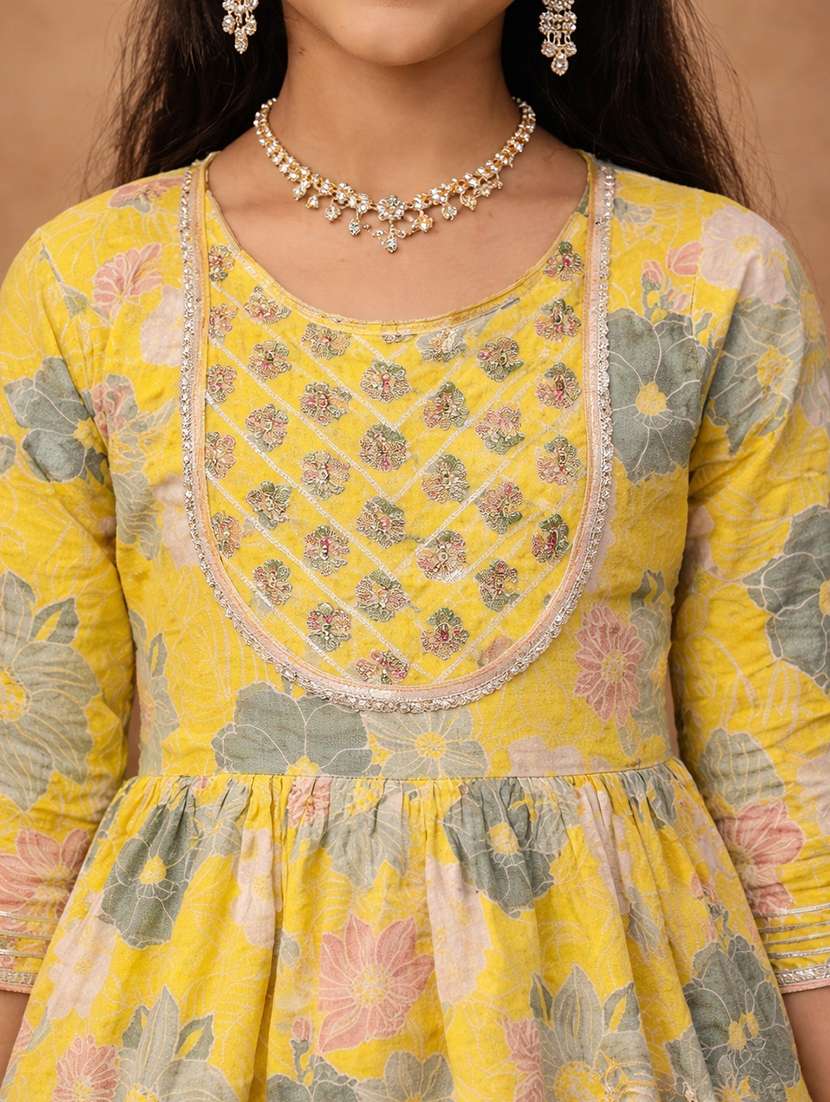 girls floral yellow cotton kurta sharara set suit set - 22463270 -  Standard Image - 1
