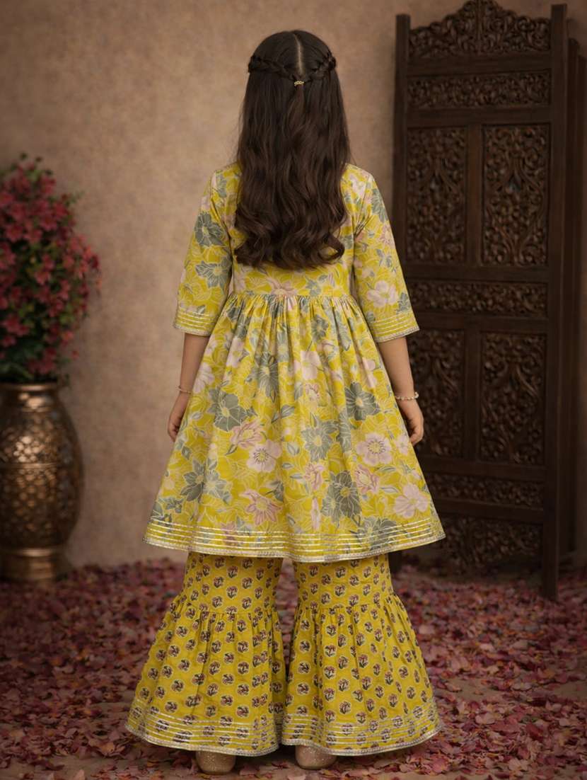 girls floral yellow cotton kurta sharara set suit set - 22463270 -  Standard Image - 4