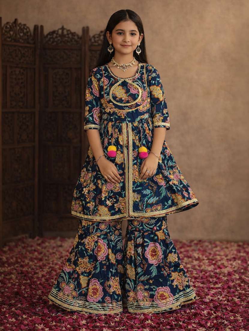 girl green cotton kurta sharara set suit set