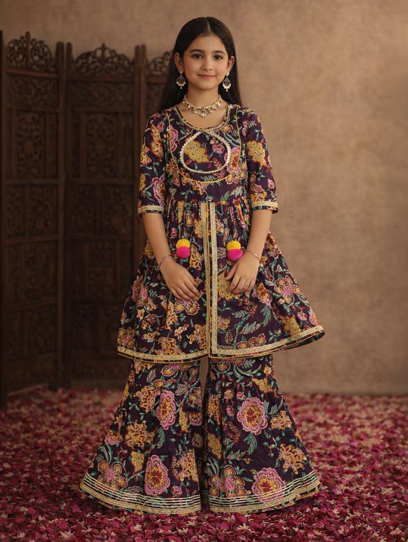 girls purple cotton kurta sharara set suit set