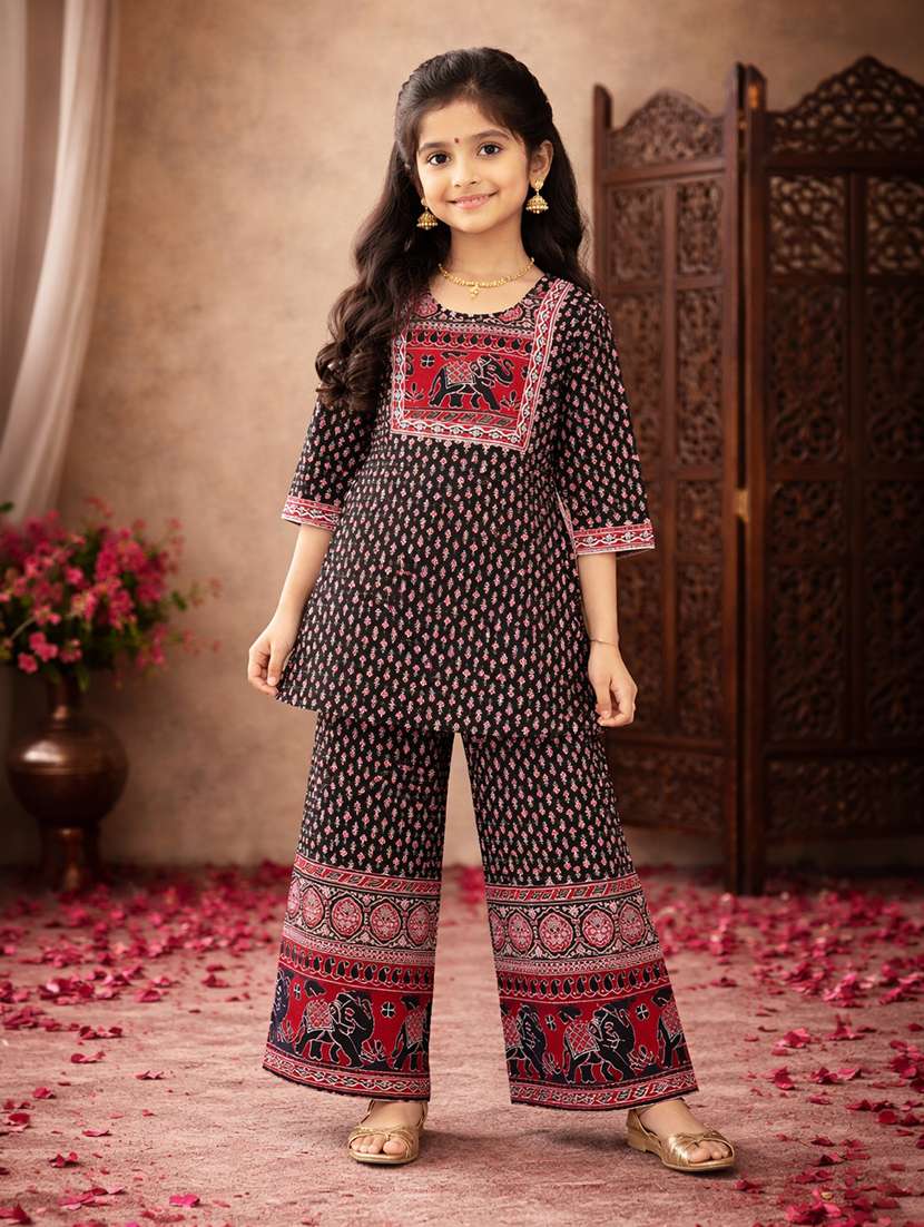 girls black cotton kurta palazzo set suit set