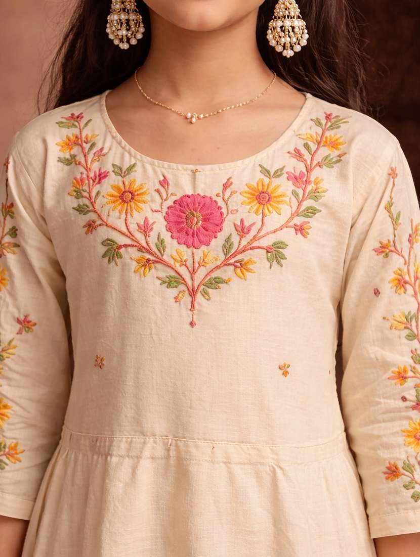 girl ethnic motif ebeige cotton blend kurta pant set suit set - 22463280 -  Standard Image - 1