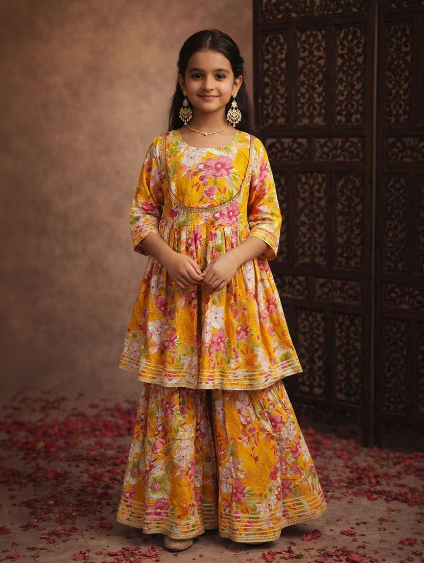 girls yellow cotton kurta sharara set suit set