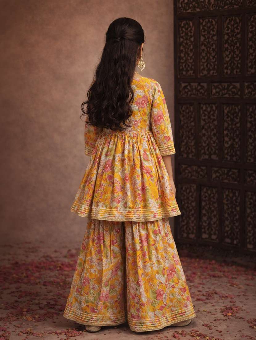 girls yellow cotton kurta sharara set suit set - 22463281 -  Standard Image - 4