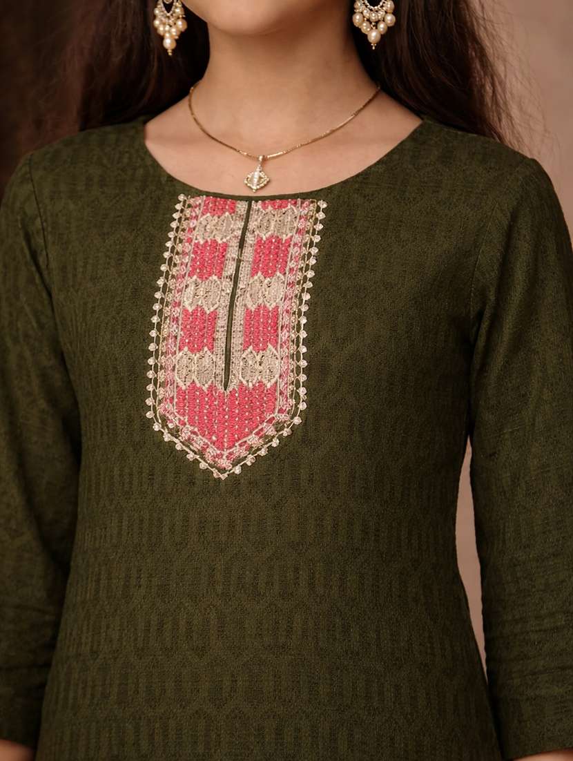 girl green cotton straight kurti - 22463282 -  Standard Image - 1