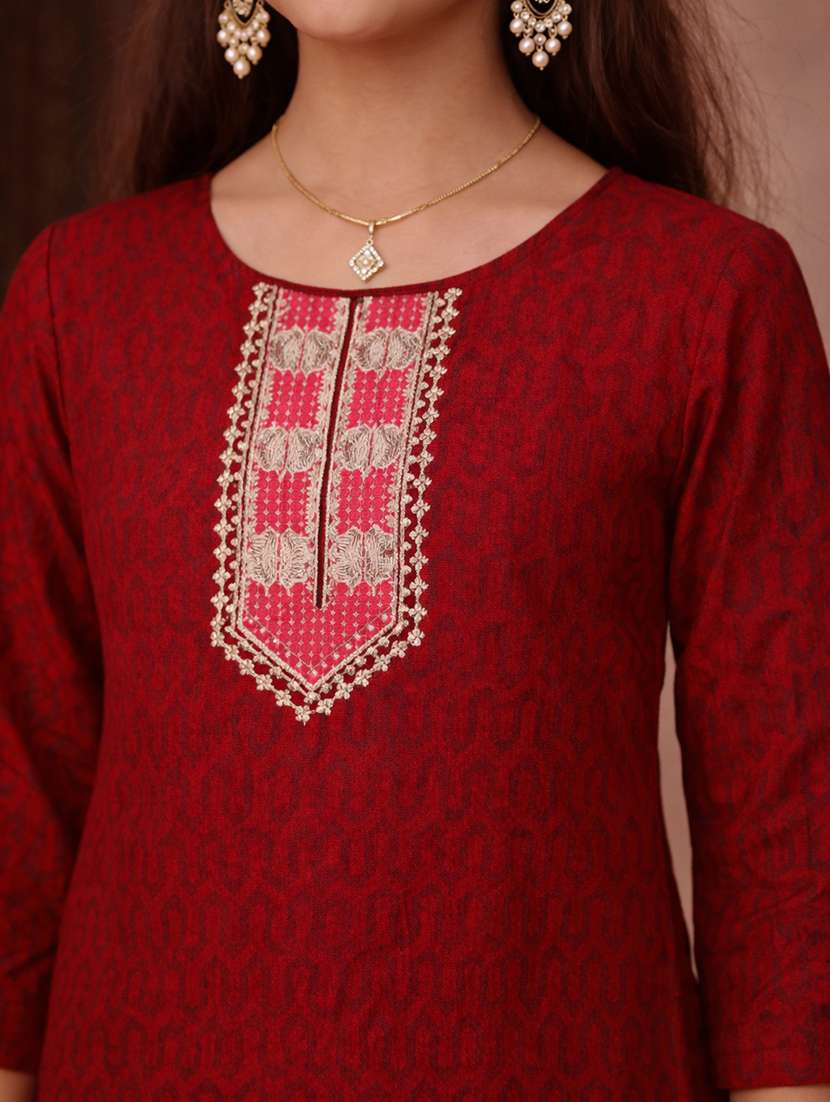girls maroon cotton straight kurti - 22463283 -  Standard Image - 1