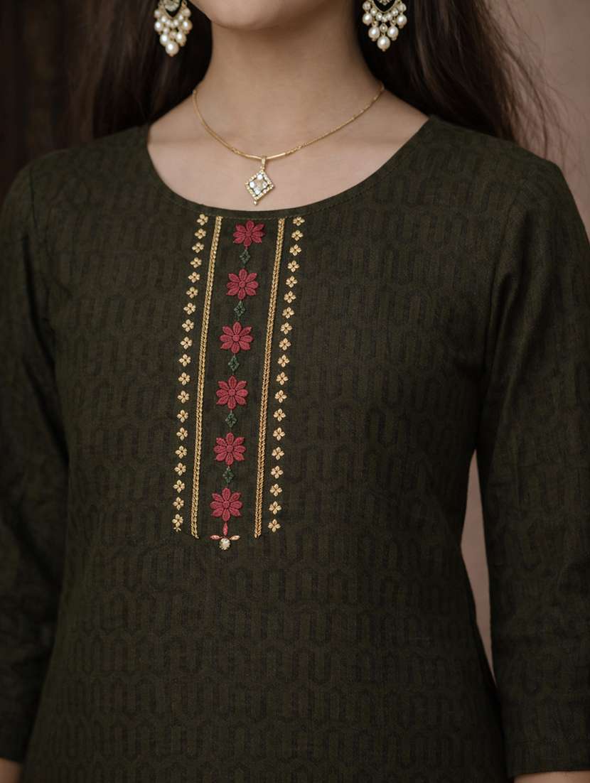 girls green cotton straight kurti - 22463286 -  Standard Image - 1