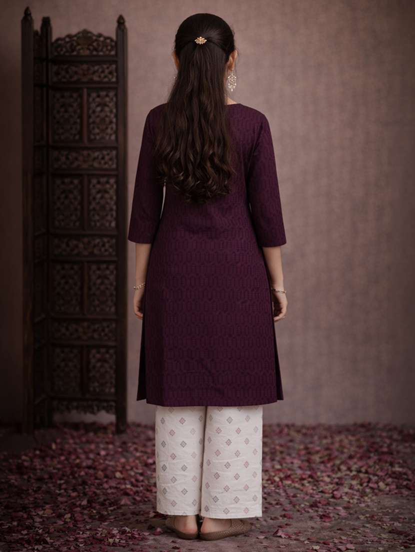 girls purple cotton straight kurti - 22463289 -  Standard Image - 4
