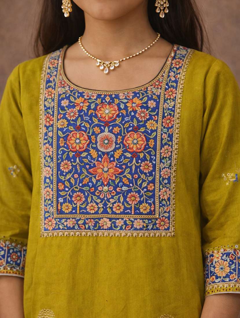 girl floral olive cotton flared kurti - 22463292 -  Standard Image - 1