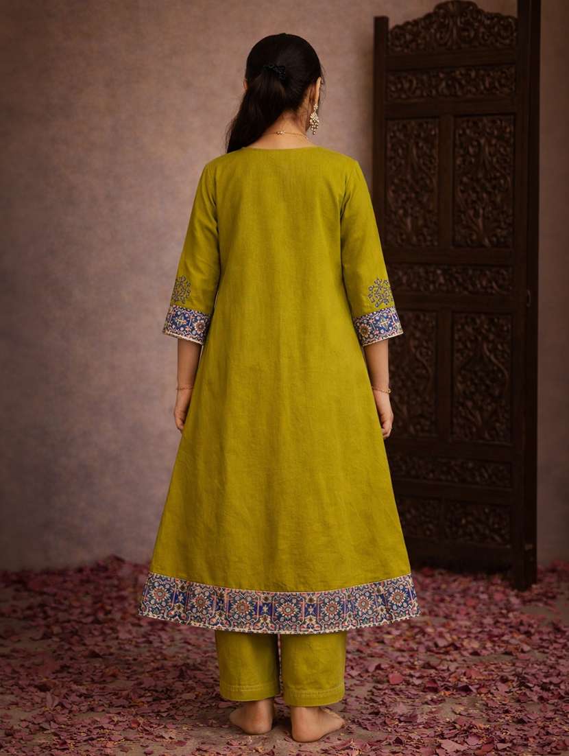 girl floral olive cotton flared kurti - 22463292 -  Standard Image - 4