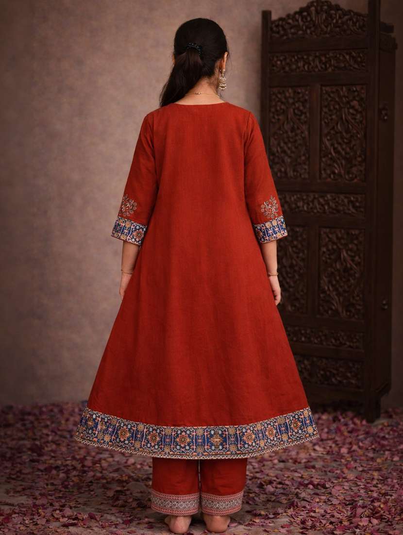 girls rust cotton flared kurti - 22463293 -  Standard Image - 4
