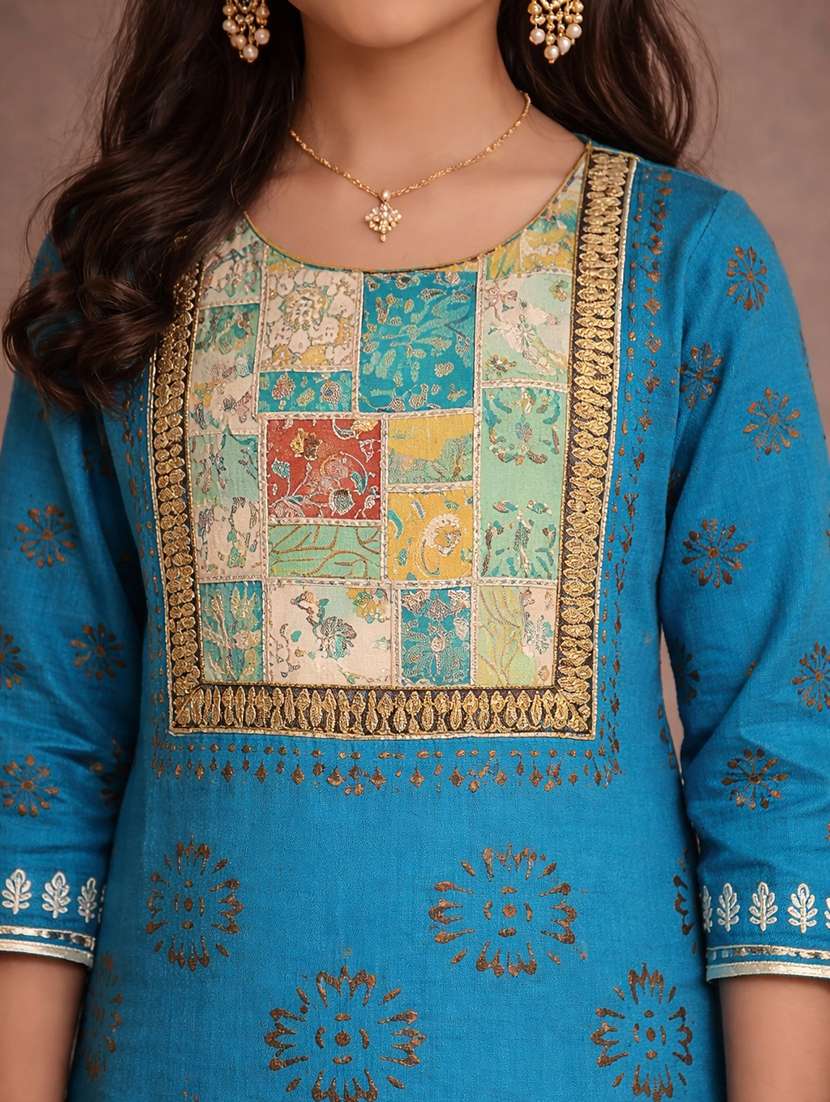 girls turquoise rayon straight kurti - 22463299 -  Standard Image - 1