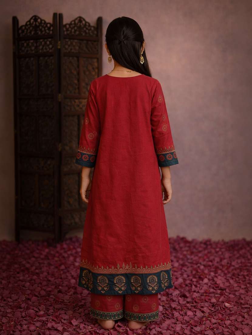 girls maroon cotton straight kurti - 22463307 -  Standard Image - 4