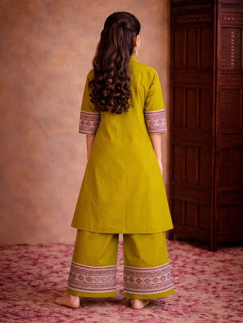 girl olive cotton a-line kurti - 22463311 -  Standard Image - 4