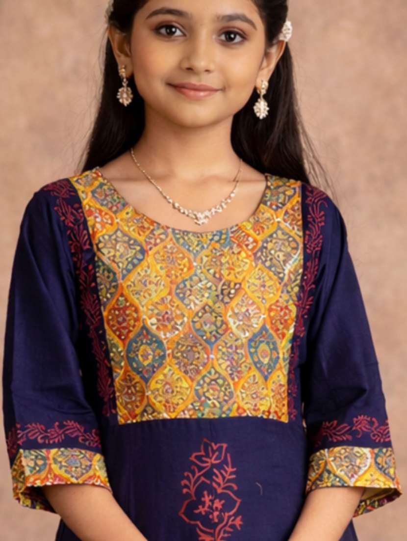 girls navy blue rayon flared kurti - 22463314 -  Standard Image - 1