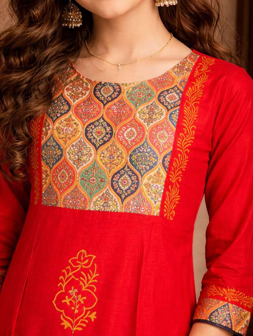 girl red rayon flared kurti - 22463315 -  Standard Image - 1